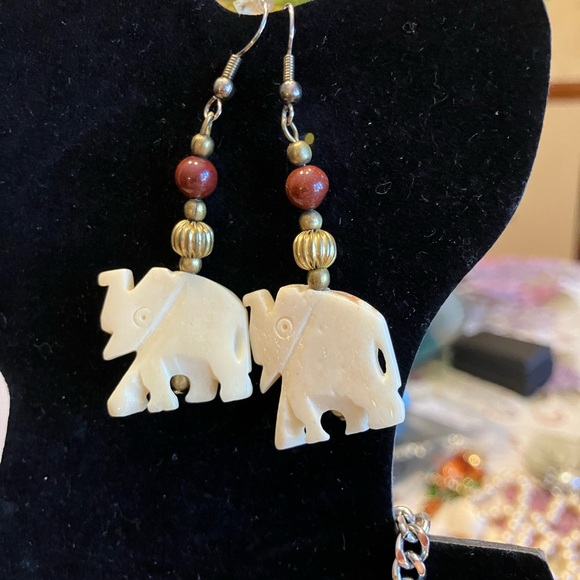 Bone  Elephant Dangle Earrings with Gold and Brown Accents - Women Jewelry - Picture 5 of 9